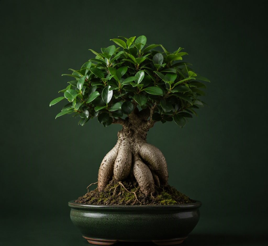 Ficus bonsai in a dark green pot
